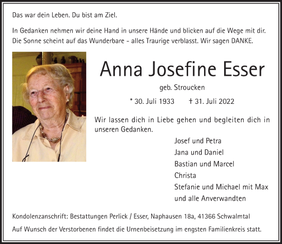 Traueranzeige von Anna Josefine Esser von trauer.extra-tipp-moenchengladbach.de