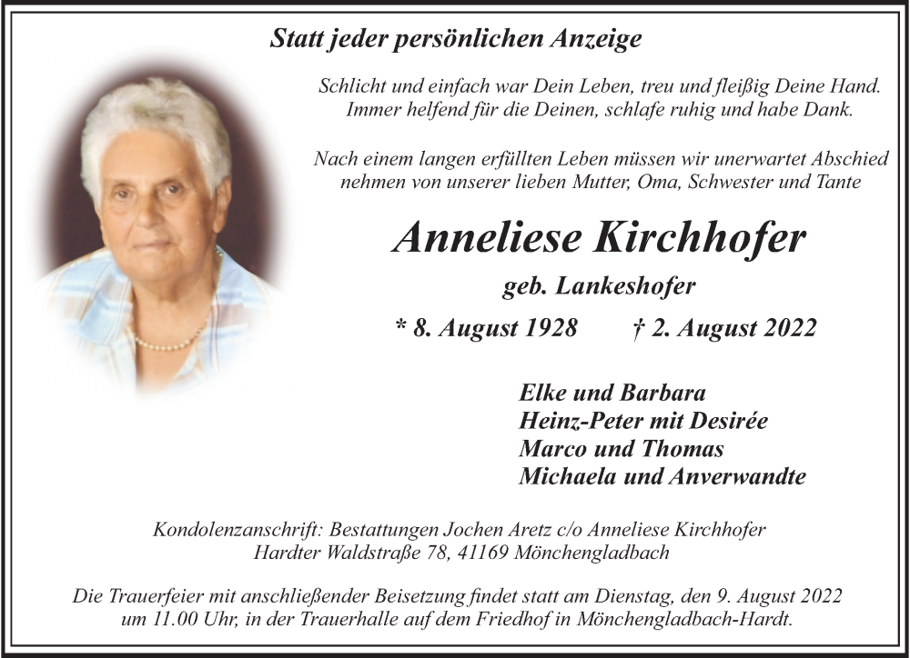  Traueranzeige für Anneliese Kirchhofer vom 07.08.2022 aus trauer.extra-tipp-moenchengladbach.de