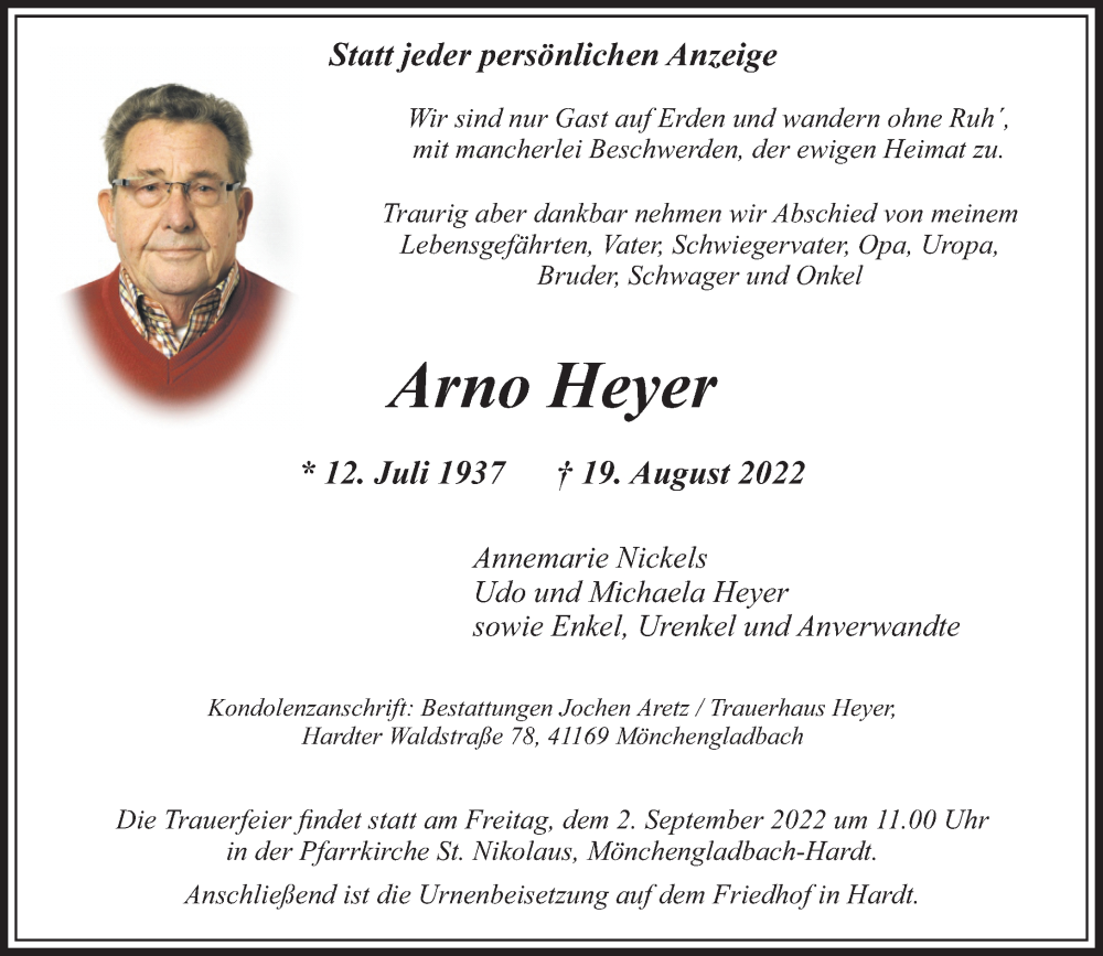  Traueranzeige für Arno Heyer vom 28.08.2022 aus trauer.extra-tipp-moenchengladbach.de
