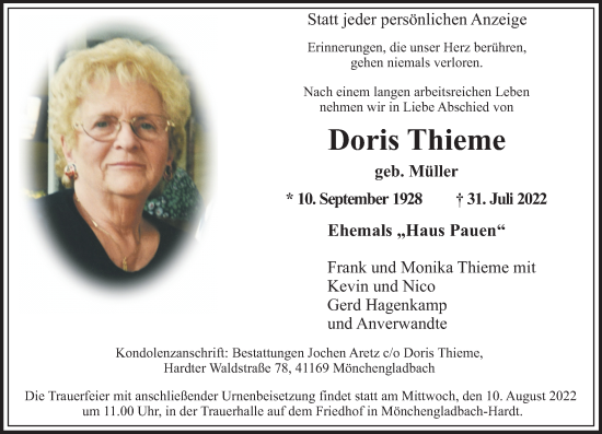Traueranzeige von Doris Thieme von trauer.extra-tipp-moenchengladbach.de