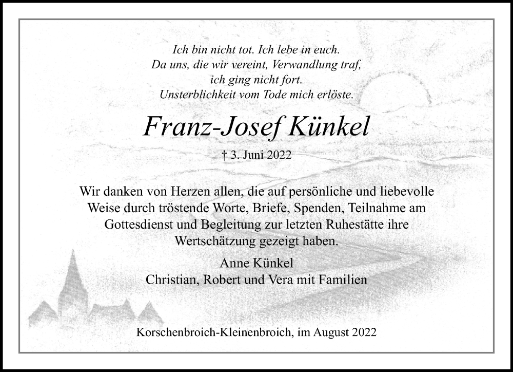  Traueranzeige für Franz-Josef Künkel vom 21.08.2022 aus trauer.extra-tipp-moenchengladbach.de