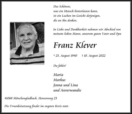Traueranzeige von Franz Klever von trauer.extra-tipp-moenchengladbach.de