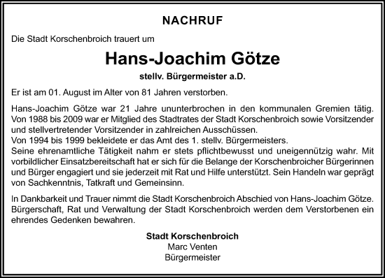 Traueranzeige von Hans-Joachim Götze von trauer.extra-tipp-moenchengladbach.de
