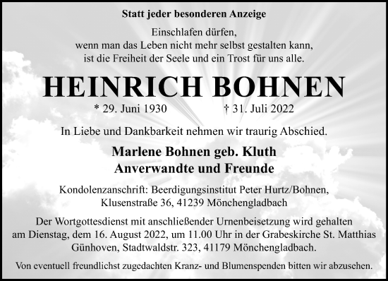 Traueranzeige von Heinrich Bohnen von trauer.extra-tipp-moenchengladbach.de