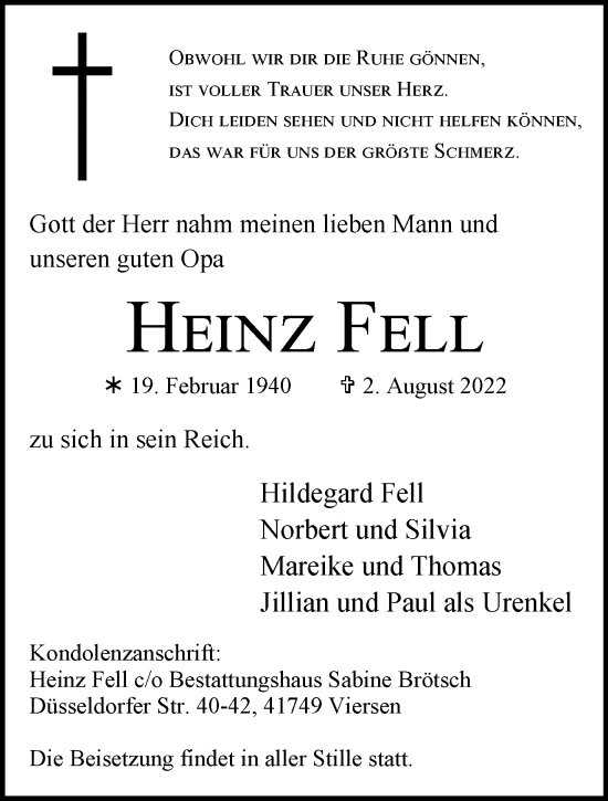 Traueranzeige von Heinz Fell von trauer.extra-tipp-moenchengladbach.de