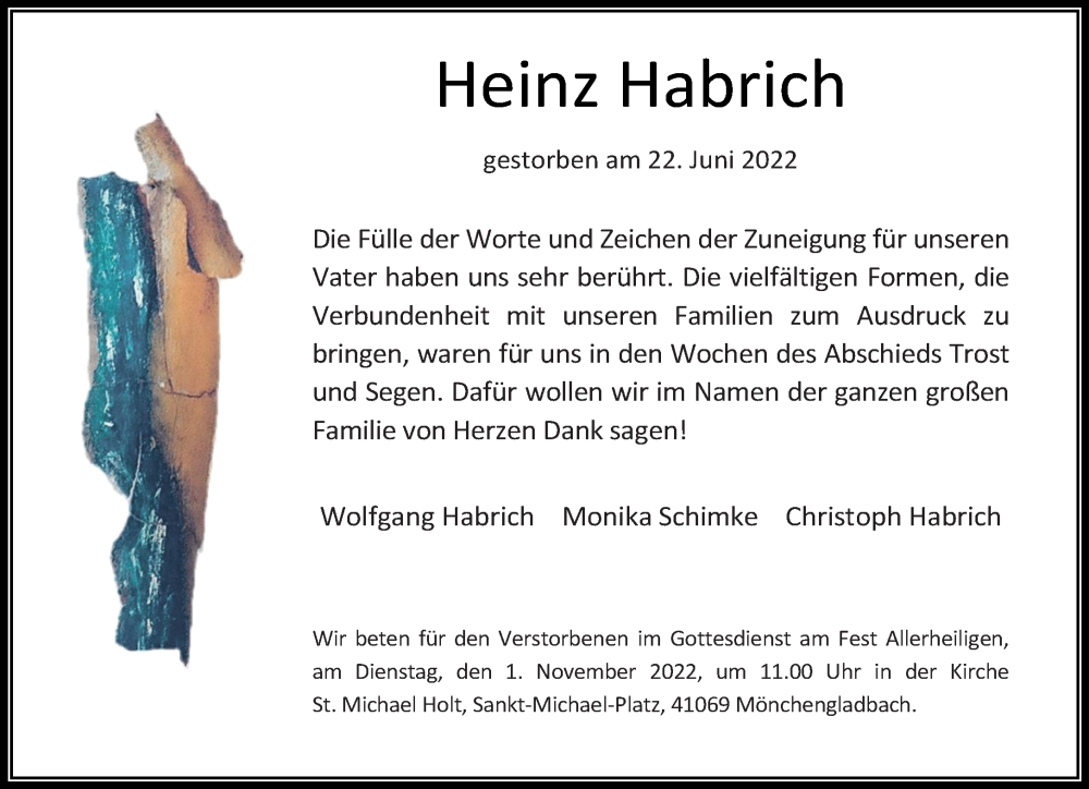 Traueranzeige für Heinz Habrich vom 14.08.2022 aus trauer.extra-tipp-moenchengladbach.de