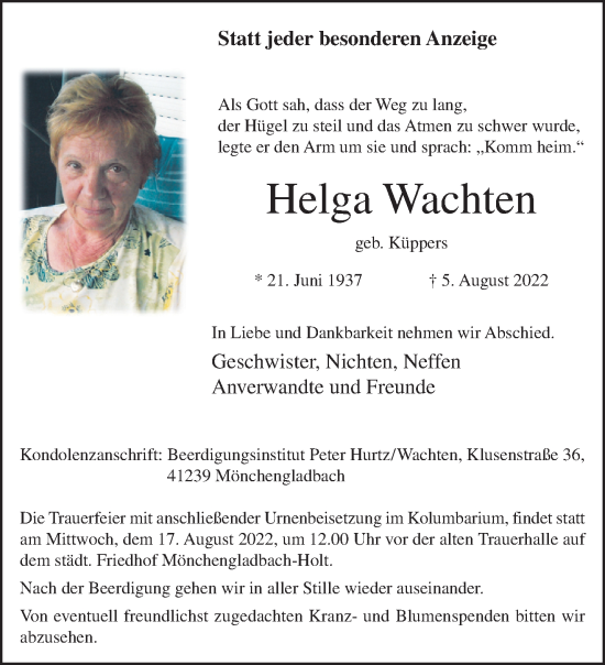 Traueranzeige von Helga Wachten von trauer.extra-tipp-moenchengladbach.de