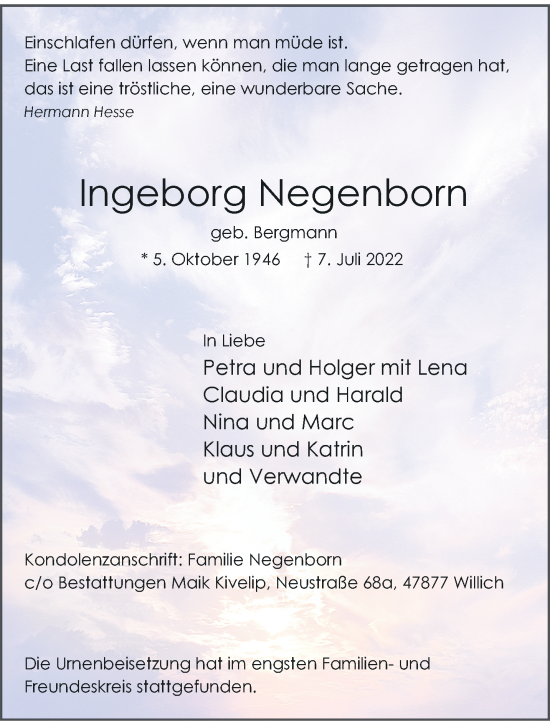 Traueranzeige von Ingeborg Negenborn von trauer.extra-tipp-moenchengladbach.de