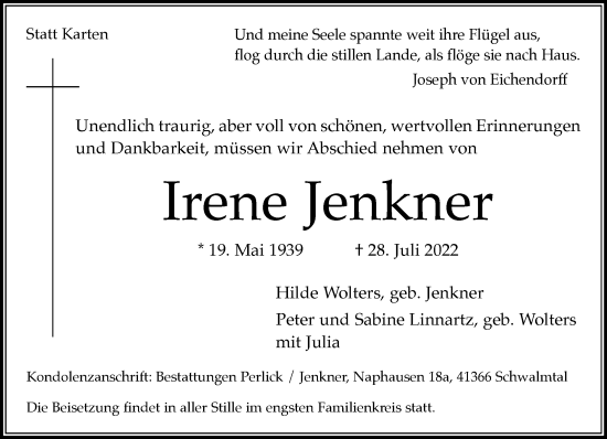 Traueranzeige von Irene Jenkner von trauer.extra-tipp-moenchengladbach.de