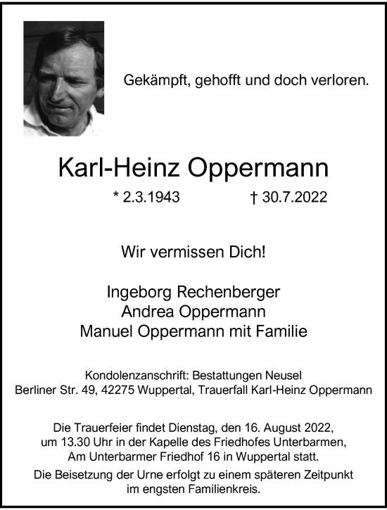 Traueranzeige von Karl-Heinz Oppermann von trauer.wuppertaler-rundschau.de