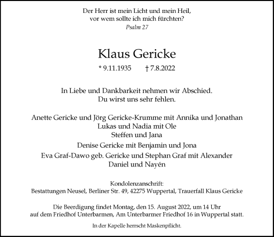 Traueranzeige von Klaus Gericke von trauer.wuppertaler-rundschau.de