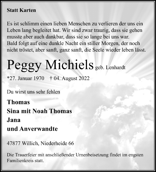 Traueranzeige von Peggy Michiels von trauer.extra-tipp-moenchengladbach.de