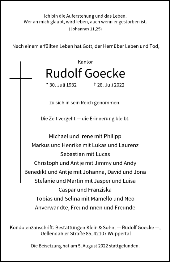 Traueranzeige von Rudolf Goecke von trauer.wuppertaler-rundschau.de