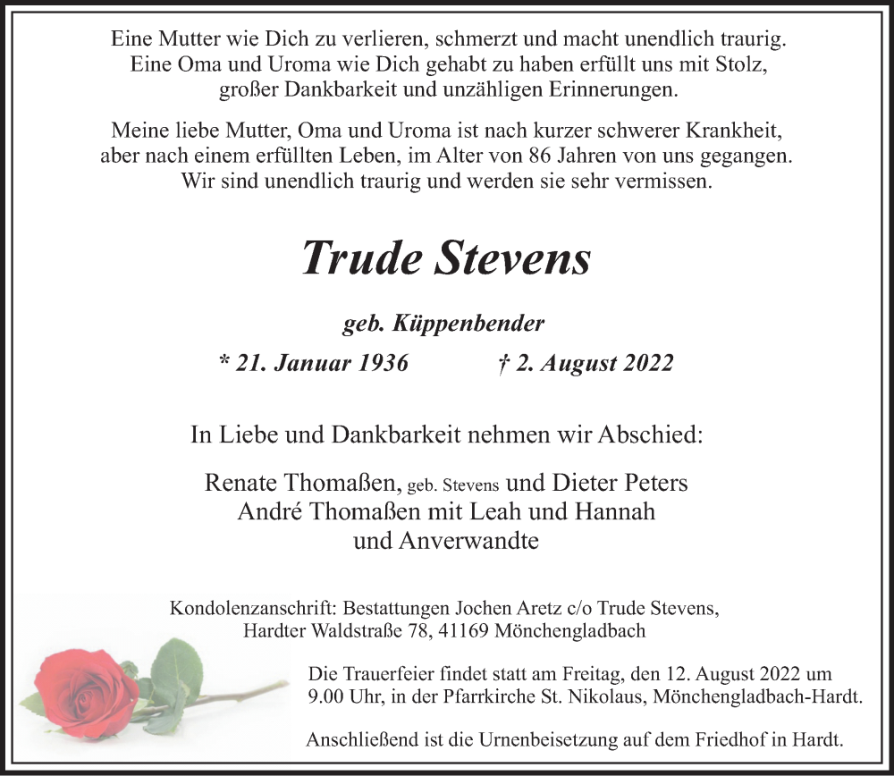  Traueranzeige für Trude Stevens vom 07.08.2022 aus trauer.extra-tipp-moenchengladbach.de