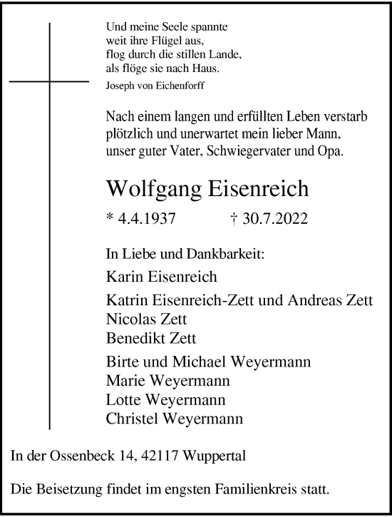 Traueranzeige von Wolfgang Eisenreich von trauer.wuppertaler-rundschau.de