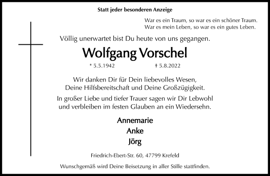 Traueranzeige von Wolfgang Vorschel von trauer.mein.krefeld.de