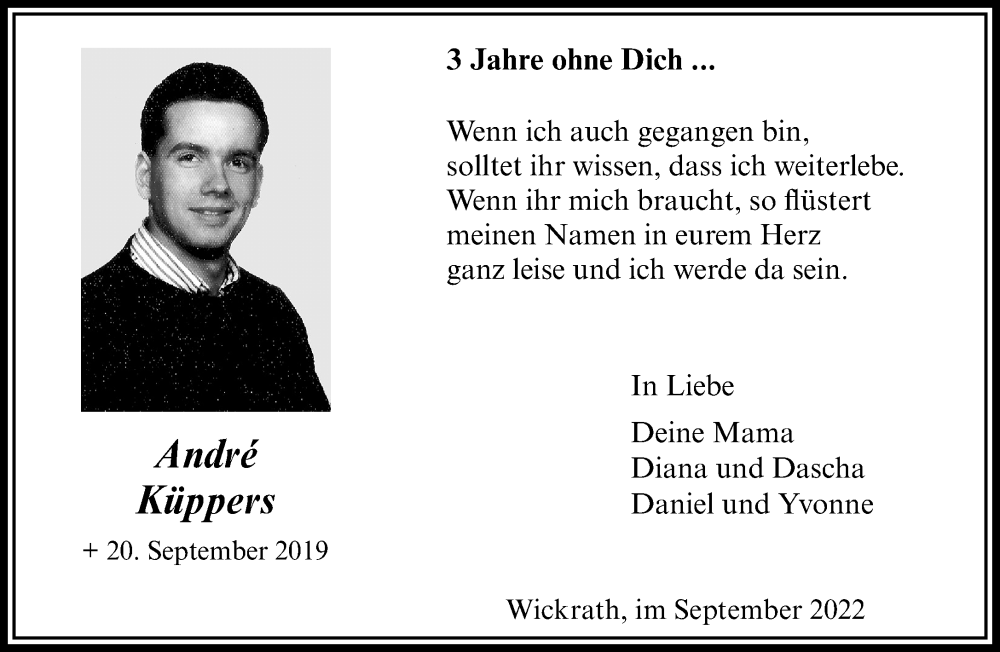  Traueranzeige für Andre Küppers vom 25.09.2022 aus trauer.extra-tipp-moenchengladbach.de