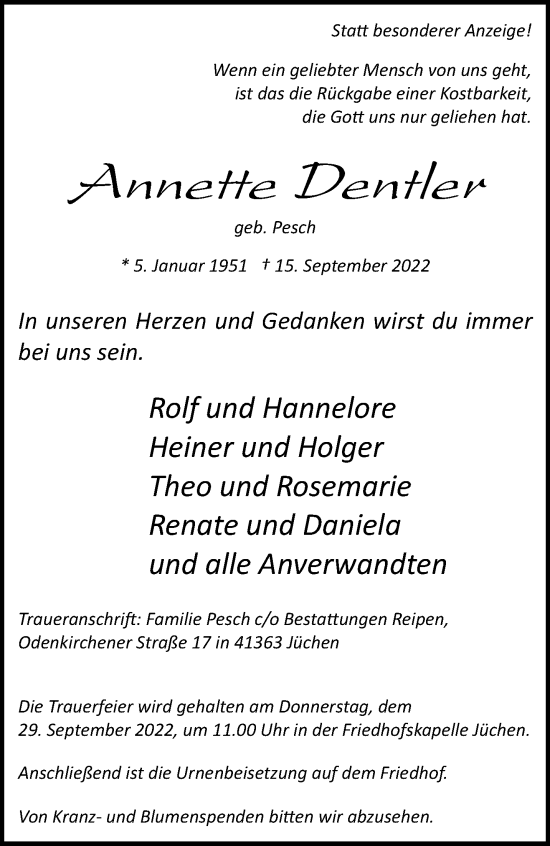 Traueranzeige von Annette Dentler von trauer.stadt-kurier.de