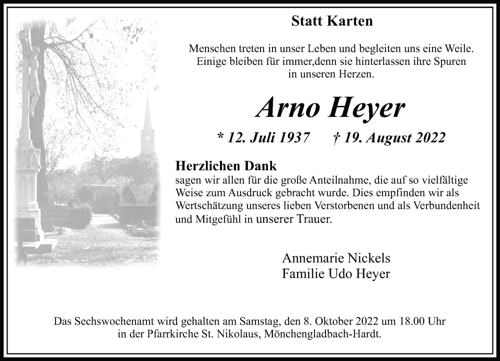  Traueranzeige für Arno Heyer vom 02.10.2022 aus trauer.extra-tipp-moenchengladbach.de