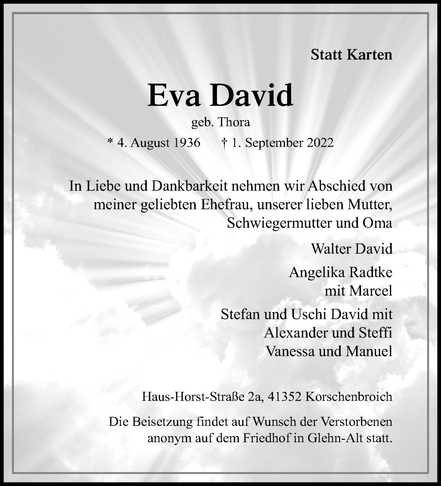  Traueranzeige für Eva David vom 11.09.2022 aus trauer.extra-tipp-moenchengladbach.de