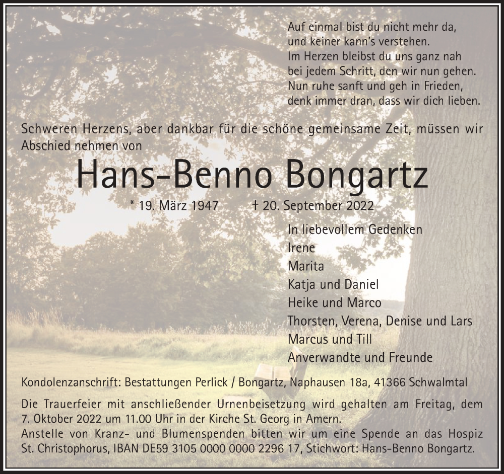  Traueranzeige für Hans-Benno Bongartz vom 02.10.2022 aus trauer.extra-tipp-moenchengladbach.de
