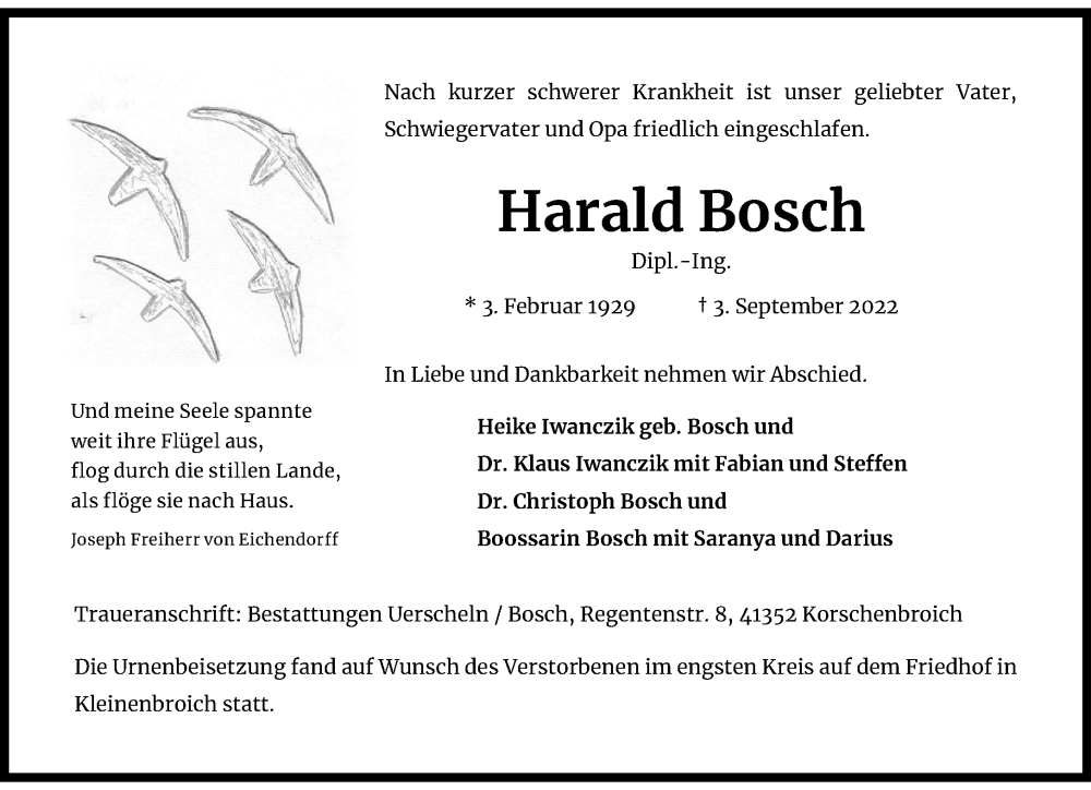  Traueranzeige für Harald Bosch vom 11.09.2022 aus trauer.extra-tipp-moenchengladbach.de