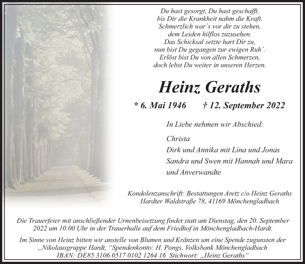  Traueranzeige für Heinz Geraths vom 18.09.2022 aus trauer.extra-tipp-moenchengladbach.de