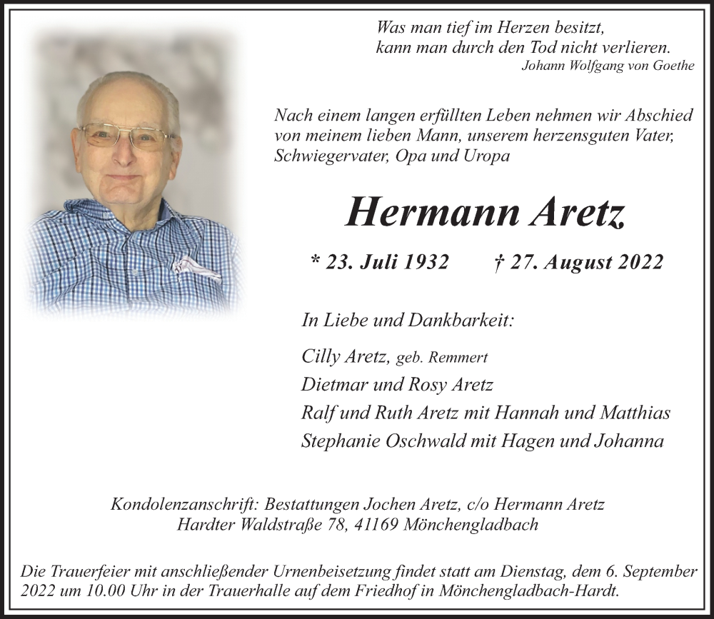  Traueranzeige für Hermann Aretz vom 04.09.2022 aus trauer.extra-tipp-moenchengladbach.de