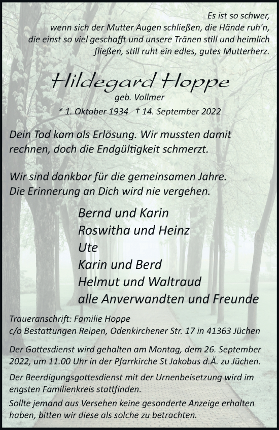 Traueranzeige von Hildegard Hoppe von trauer.stadt-kurier.de