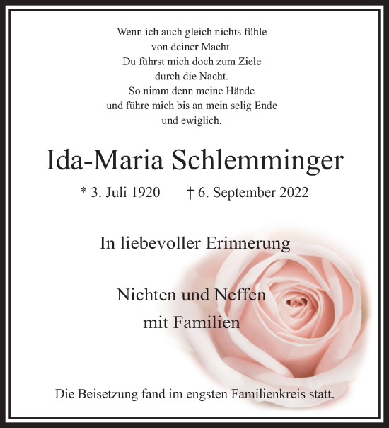 Traueranzeige von Ida-Maria Schlemminger von trauer.extra-tipp-moenchengladbach.de