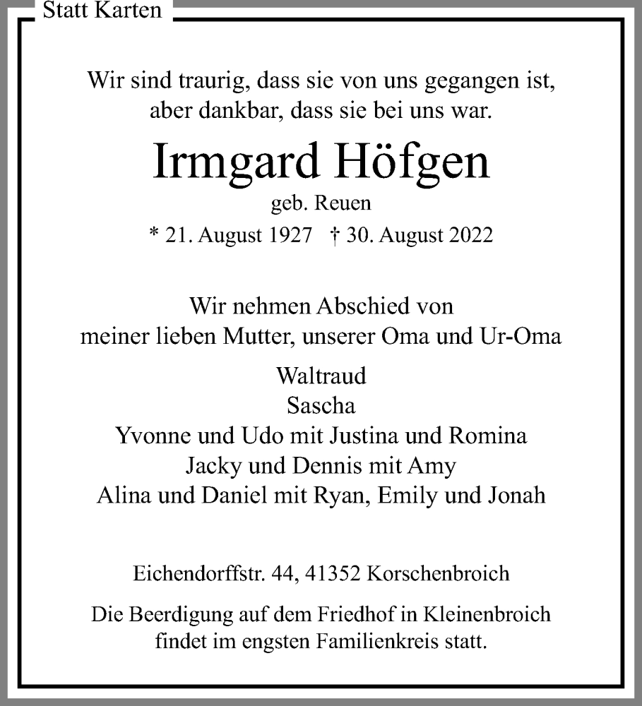  Traueranzeige für Irmgard Höfgen vom 04.09.2022 aus trauer.extra-tipp-moenchengladbach.de