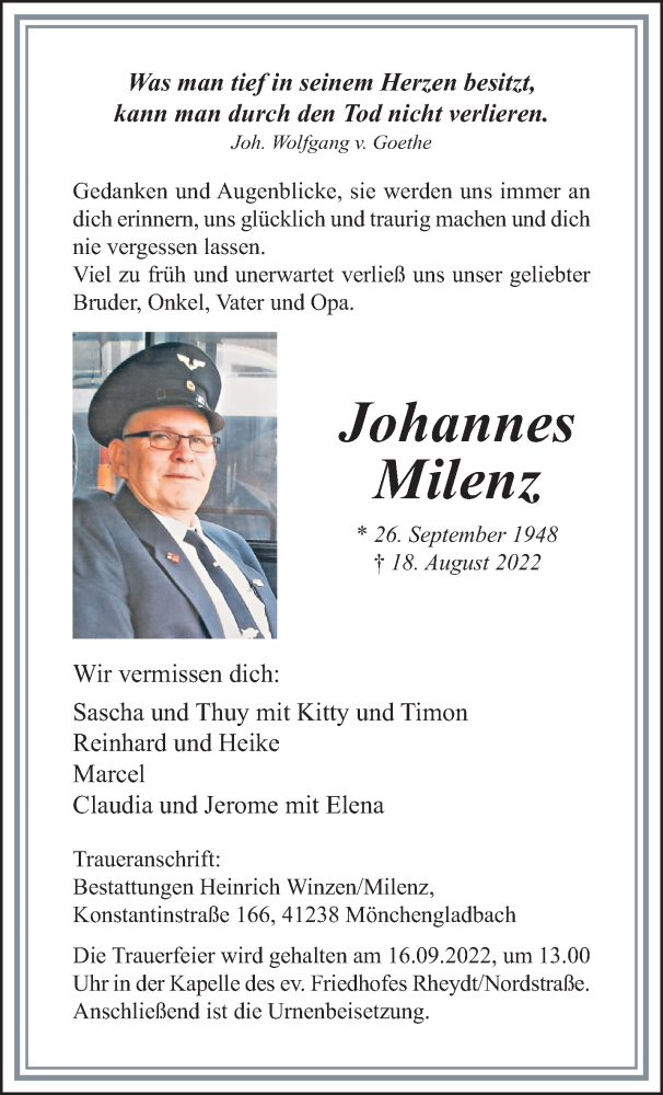  Traueranzeige für Johannes Milenz vom 11.09.2022 aus trauer.extra-tipp-moenchengladbach.de