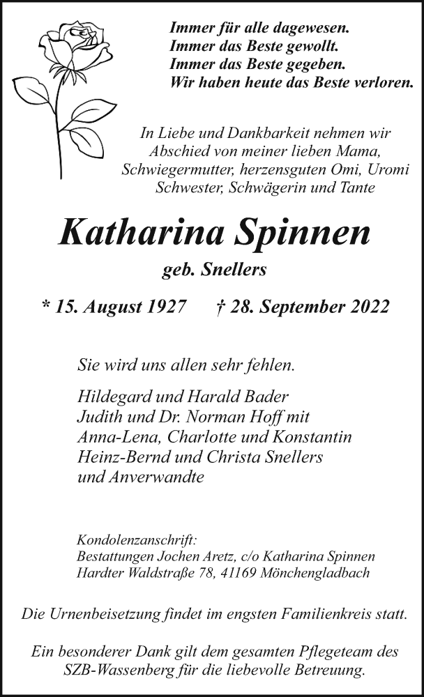  Traueranzeige für Katharina Spinnen vom 02.10.2022 aus trauer.extra-tipp-moenchengladbach.de