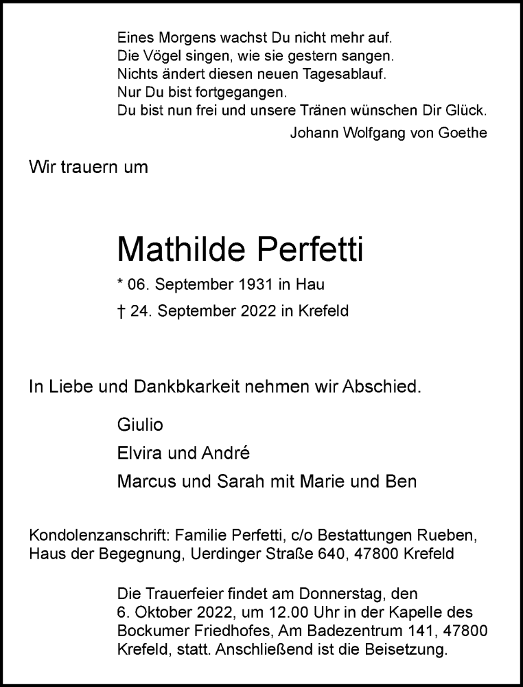  Traueranzeige für Mathilde Perfetti vom 02.10.2022 aus trauer.mein.krefeld.de