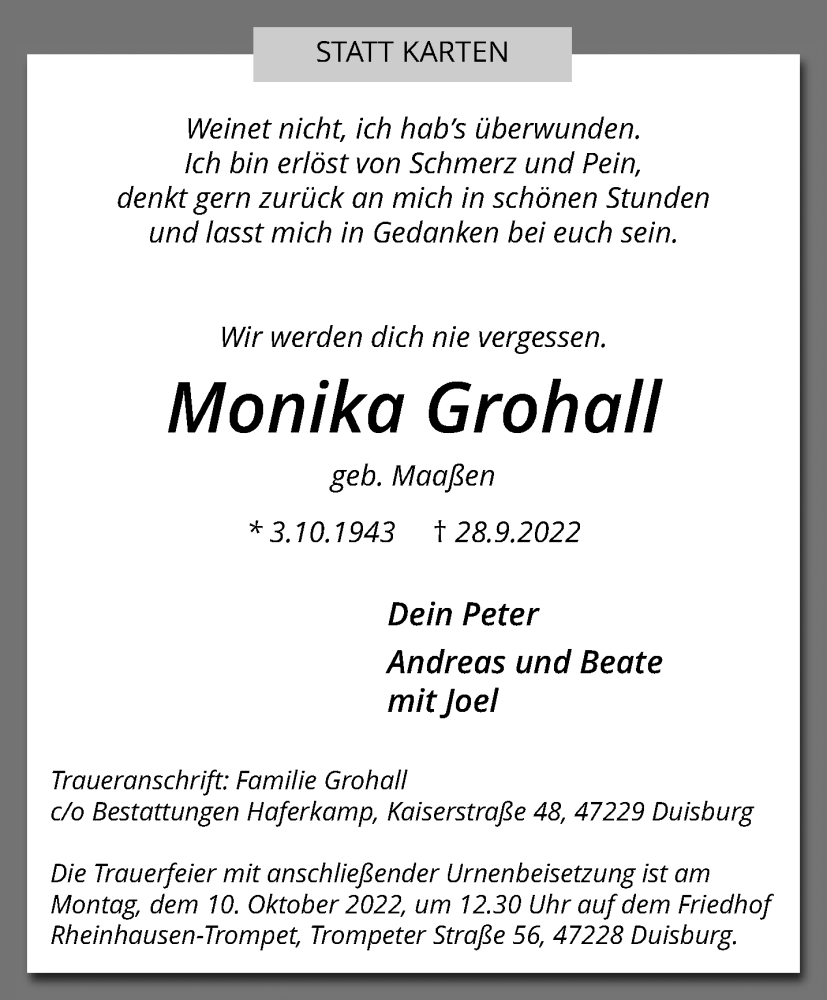  Traueranzeige für Monika Grohall vom 02.10.2022 aus trauer.mein.krefeld.de
