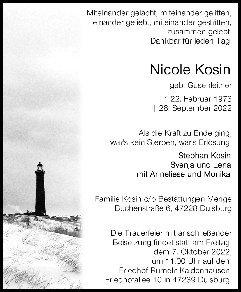  Traueranzeige für Nicole Kosin vom 02.10.2022 aus trauer.mein.krefeld.de