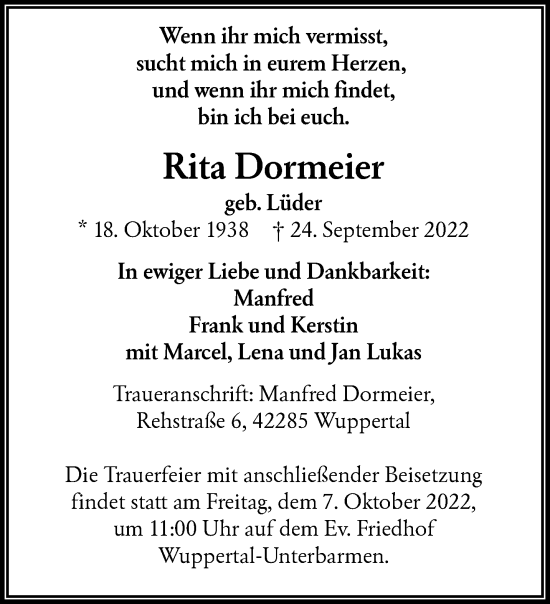 Traueranzeige von Rita Dormeier von trauer.wuppertaler-rundschau.de