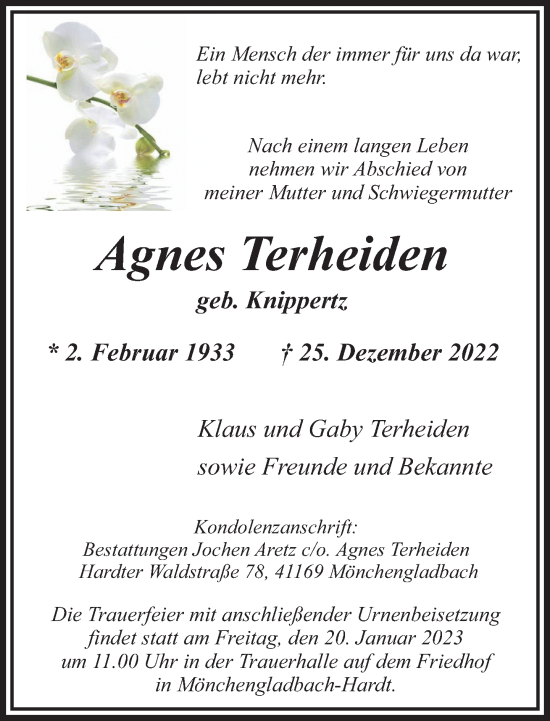 Traueranzeige von Agnes Terheiden von trauer.extra-tipp-moenchengladbach.de