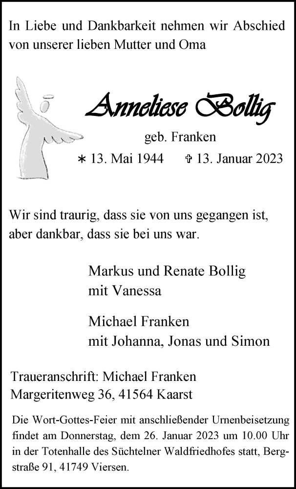  Traueranzeige für Anneliese Bollig vom 22.01.2023 aus trauer.extra-tipp-moenchengladbach.de