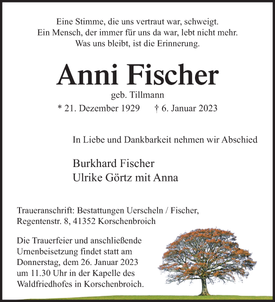 Traueranzeige von Anni Fischer von trauer.extra-tipp-moenchengladbach.de