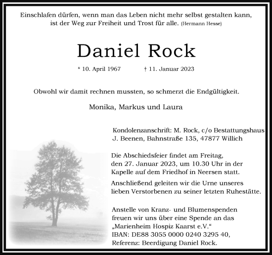 Traueranzeige von Daniel Rock von trauer.extra-tipp-moenchengladbach.de