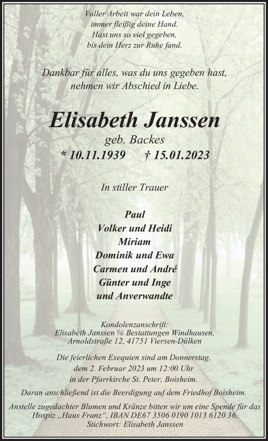 Traueranzeige von Elisabeth Janssen von trauer.extra-tipp-moenchengladbach.de