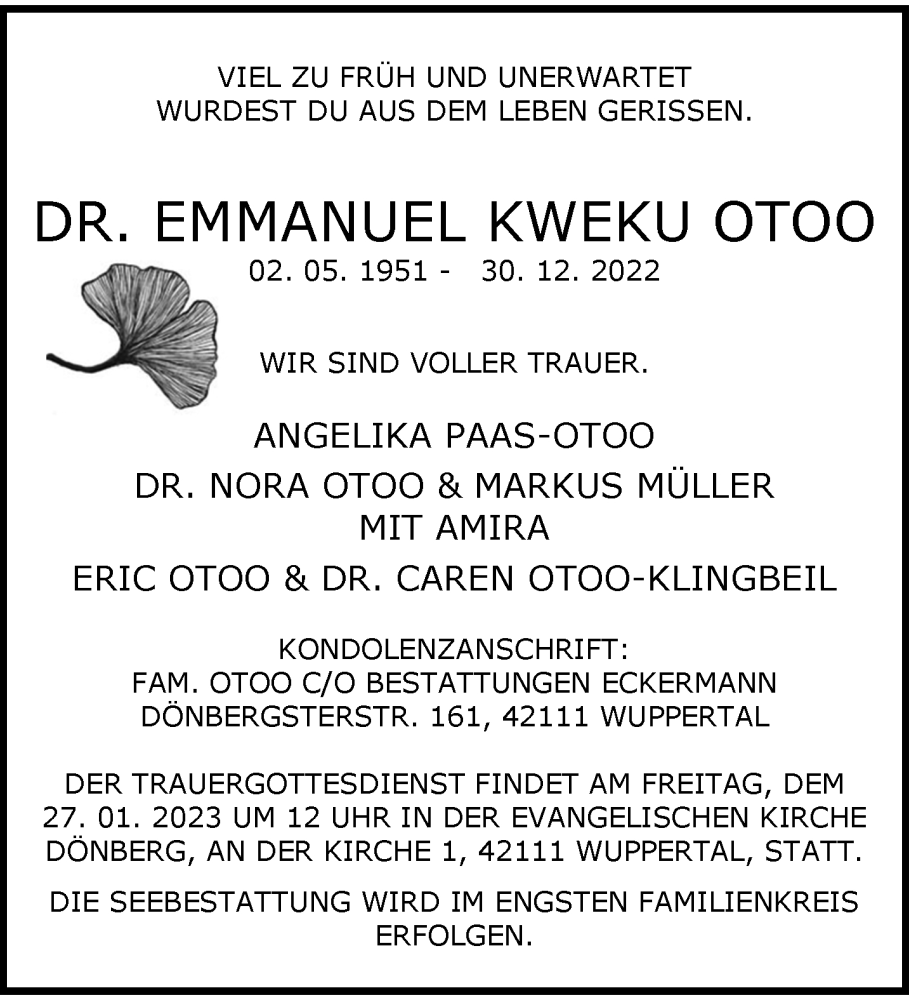  Traueranzeige für Emmanuel Kweku Otoo vom 14.01.2023 aus trauer.wuppertaler-rundschau.de