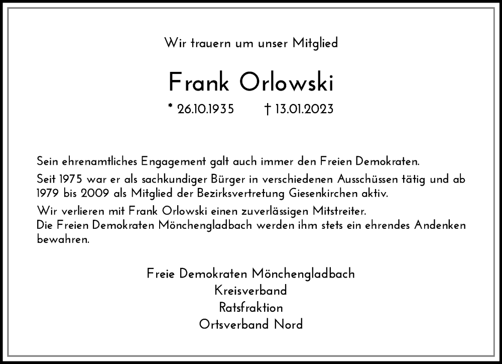  Traueranzeige für Frank Orlowski vom 22.01.2023 aus trauer.extra-tipp-moenchengladbach.de