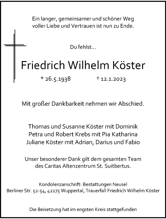 Traueranzeige von Friedrich Wilhelm Köster von trauer.wuppertaler-rundschau.de