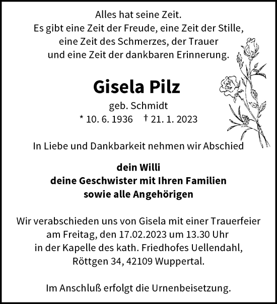 Traueranzeige von Gisela Pilz von trauer.wuppertaler-rundschau.de