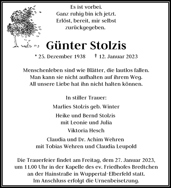 Traueranzeige von Günter Stolzis von trauer.wuppertaler-rundschau.de