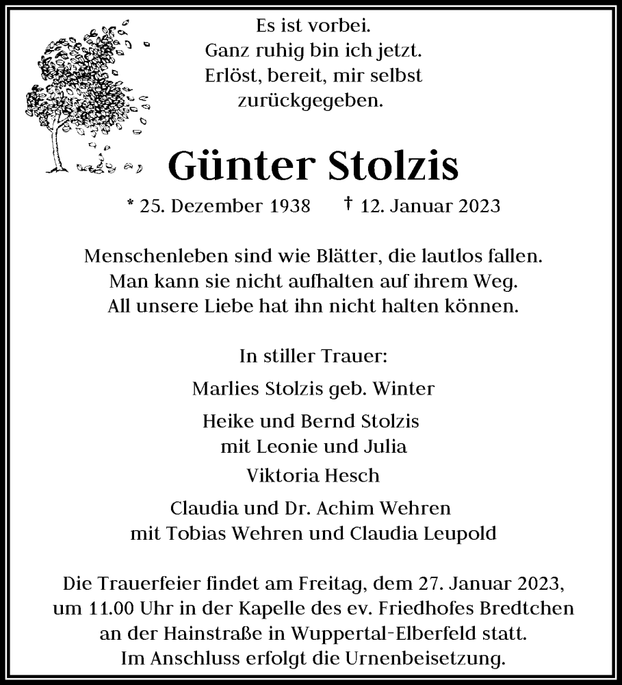  Traueranzeige für Günter Stolzis vom 21.01.2023 aus trauer.wuppertaler-rundschau.de