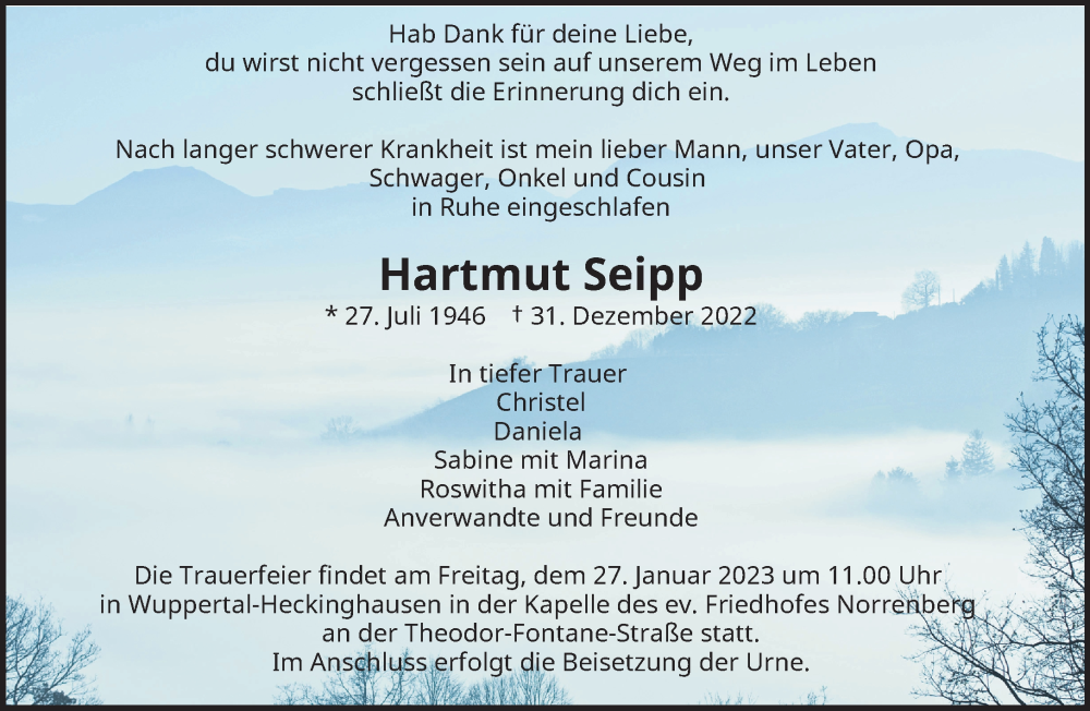  Traueranzeige für Hartmut Seipp vom 14.01.2023 aus trauer.wuppertaler-rundschau.de