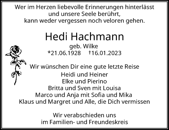 Traueranzeige von Hedi Hachmann von trauer.wuppertaler-rundschau.de